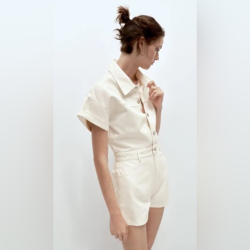 NWT Zara Denim TRF Shimmery Playsuit Oyster White Size Small - Picture 2 of 11